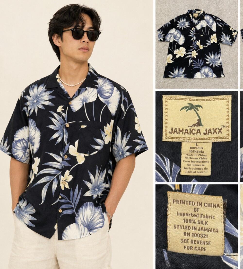 Tropical Jamaica Jaxx Men's Silk Hawaiian Camp Shirt Size L Black Floral